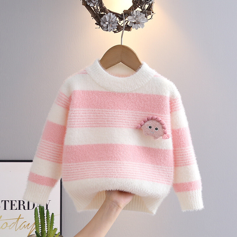 2024 téli gyerek lány pulóverek pamut csíkos jacquard toldott hosszú ujjú kötött meleg pulóverek gyerek lány kötöttáru HY09062