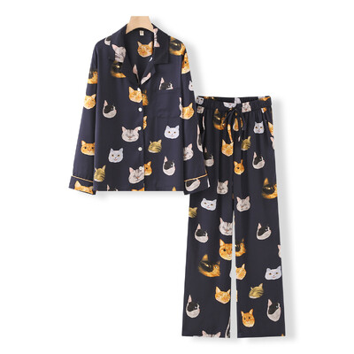 Női házi ruha 2023 tavaszi és nyári legújabb kardigán kétrészes szett, aranyos macskamintás, légáteresztő pizsama nőknek