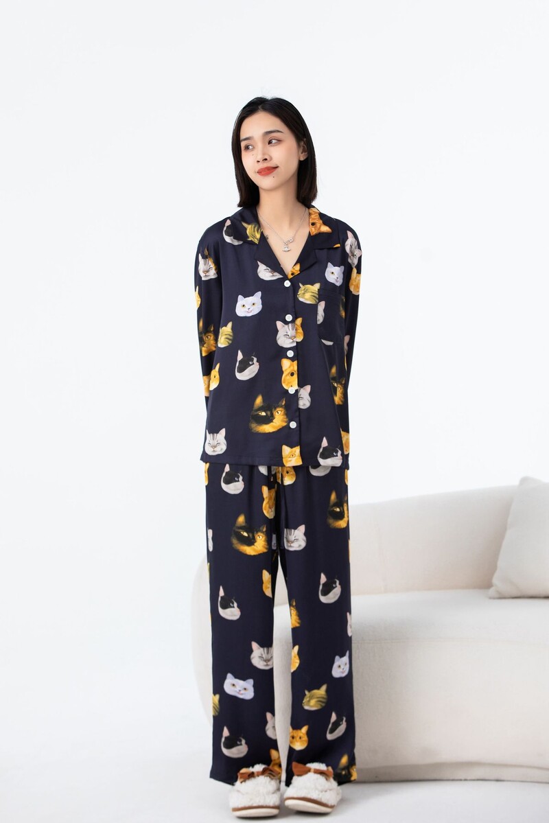 Női házi ruha 2023 tavaszi és nyári legújabb kardigán kétrészes szett, aranyos macskamintás, légáteresztő pizsama nőknek