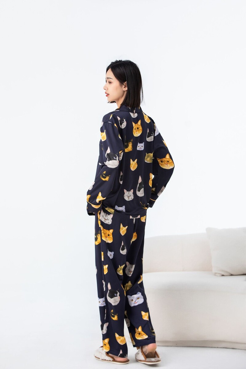 Női házi ruha 2023 tavaszi és nyári legújabb kardigán kétrészes szett, aranyos macskamintás, légáteresztő pizsama nőknek
