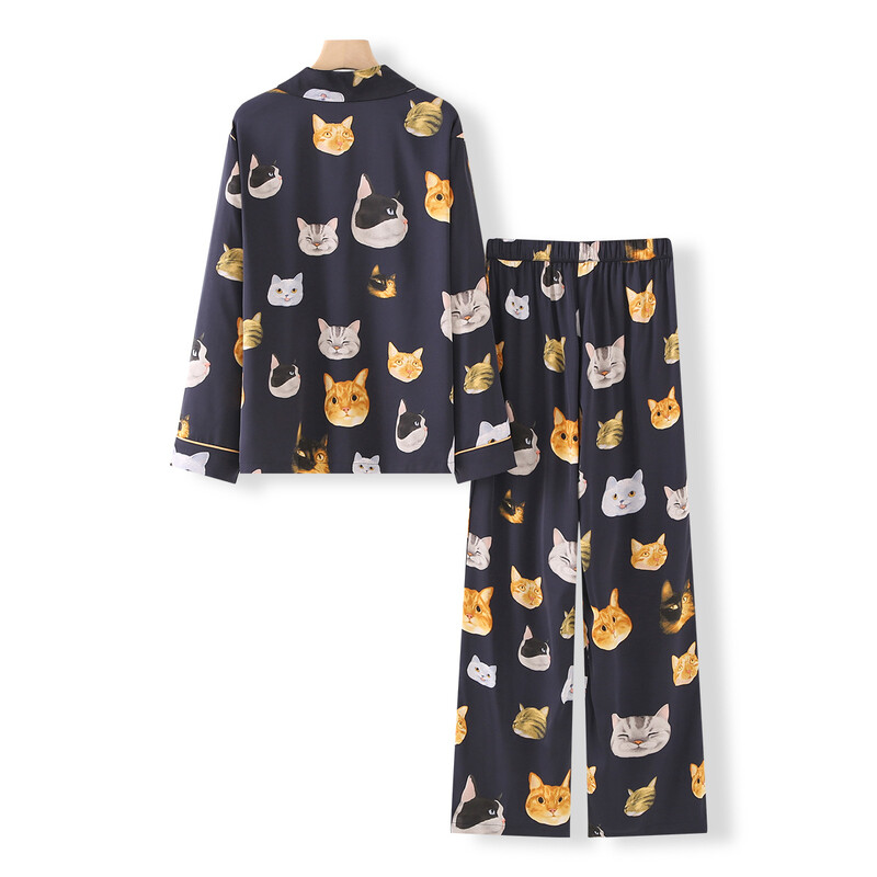 Női házi ruha 2023 tavaszi és nyári legújabb kardigán kétrészes szett, aranyos macskamintás, légáteresztő pizsama nőknek