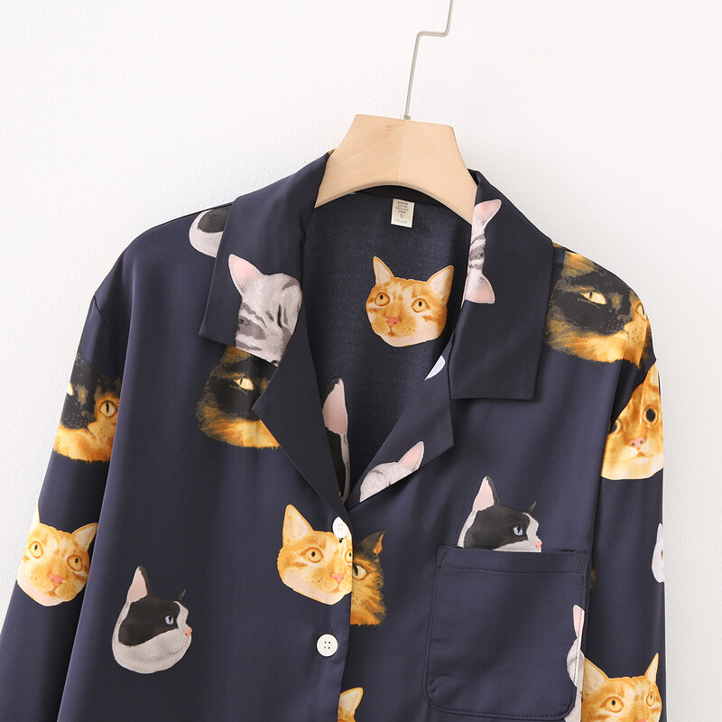 Női házi ruha 2023 tavaszi és nyári legújabb kardigán kétrészes szett, aranyos macskamintás, légáteresztő pizsama nőknek