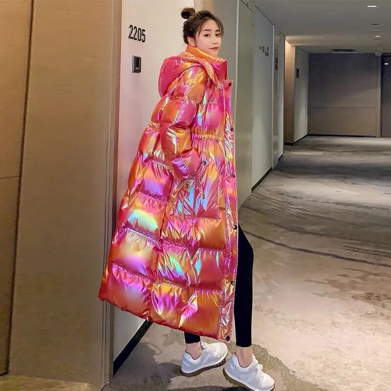 Зимно лъскаво пухено яке Дамско ново памучно палто с качулка от 2024 г. Ветроустойчиво Дъждоустойчиво топло парка Дълго палто Дамско