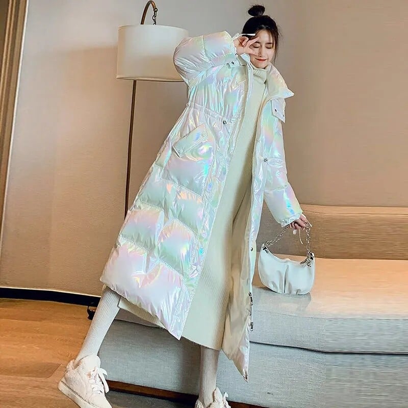 Зимно лъскаво пухено яке Дамско ново памучно палто с качулка от 2024 г. Ветроустойчиво Дъждоустойчиво топло парка Дълго палто Дамско