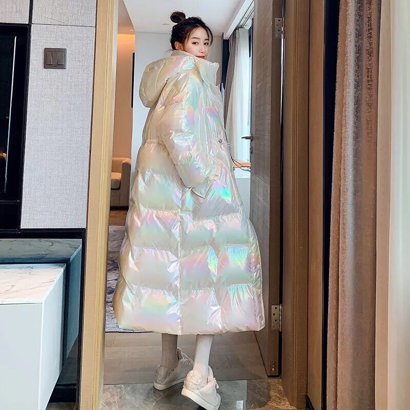 Зимно лъскаво пухено яке Дамско ново памучно палто с качулка от 2024 г. Ветроустойчиво Дъждоустойчиво топло парка Дълго палто Дамско