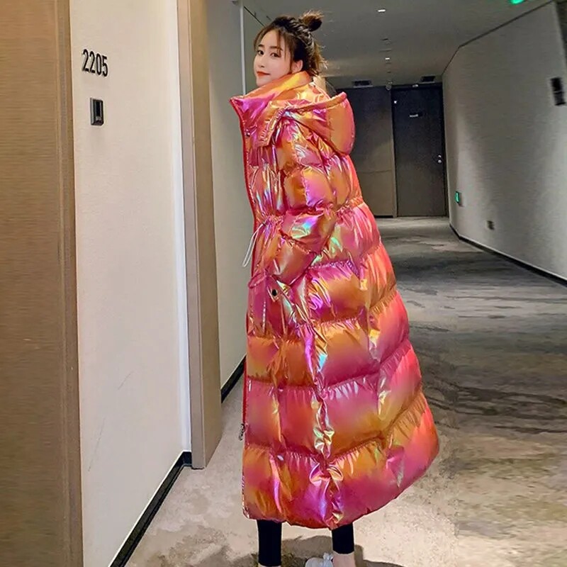 Зимно лъскаво пухено яке Дамско ново памучно палто с качулка от 2024 г. Ветроустойчиво Дъждоустойчиво топло парка Дълго палто Дамско