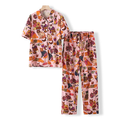 Cat Print Casual κοντομάνικο παντελόνι πιτζάμες κοστούμι για γυναικεία καλοκαιρινή και φθινοπωρινή λεπτή βαμβακερή χαριτωμένη πιτζάμες για γυναίκες που κοιμούνται