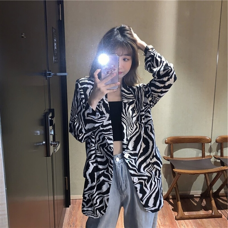 Dámske saká so zebrovým pruhom, veľkosť S-5XL, temperamentné, s dlhým rukávom, voľné, kórejské, elegantné, streetwear, estetické