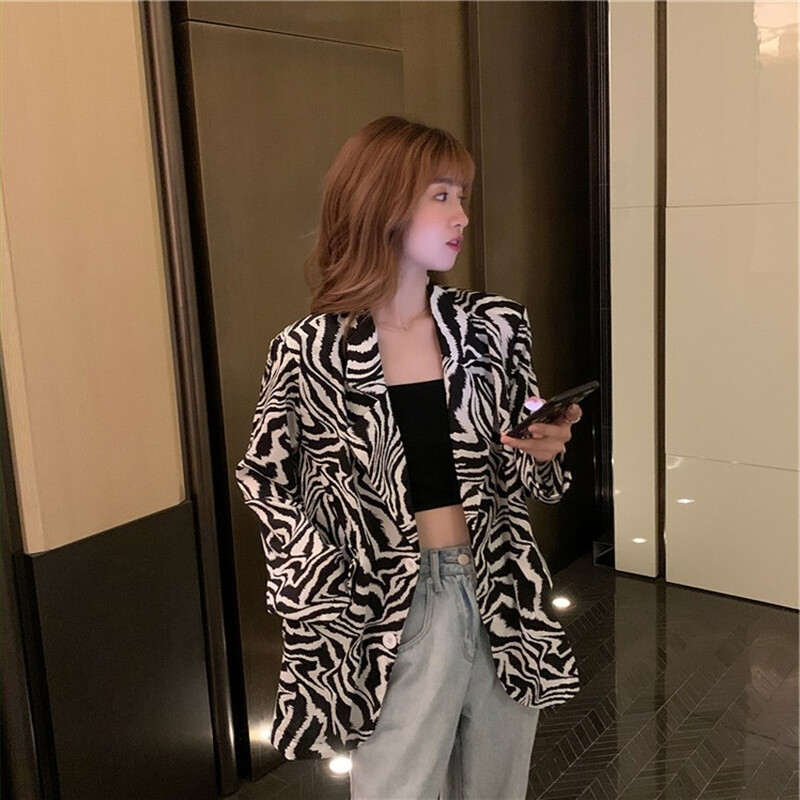 Dámske saká so zebrovým pruhom, veľkosť S-5XL, temperamentné, s dlhým rukávom, voľné, kórejské, elegantné, streetwear, estetické