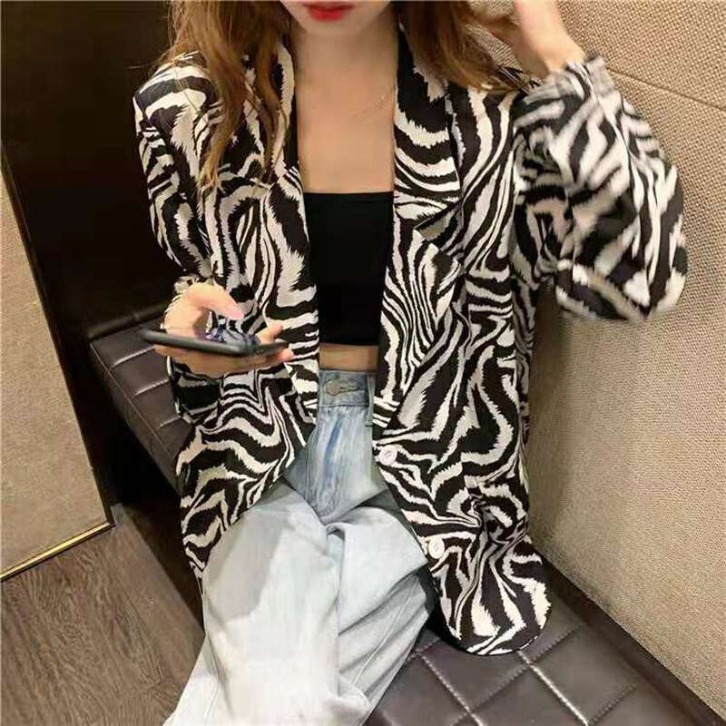 Dámske saká so zebrovým pruhom, veľkosť S-5XL, temperamentné, s dlhým rukávom, voľné, kórejské, elegantné, streetwear, estetické
