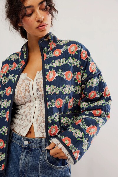 Nový elegantný vintage kvetinový bavlnený kabát, jesenná zimná dámska bunda s dlhým rukávom, kardigan s vreckom, streetwear krátka prešívaná bunda