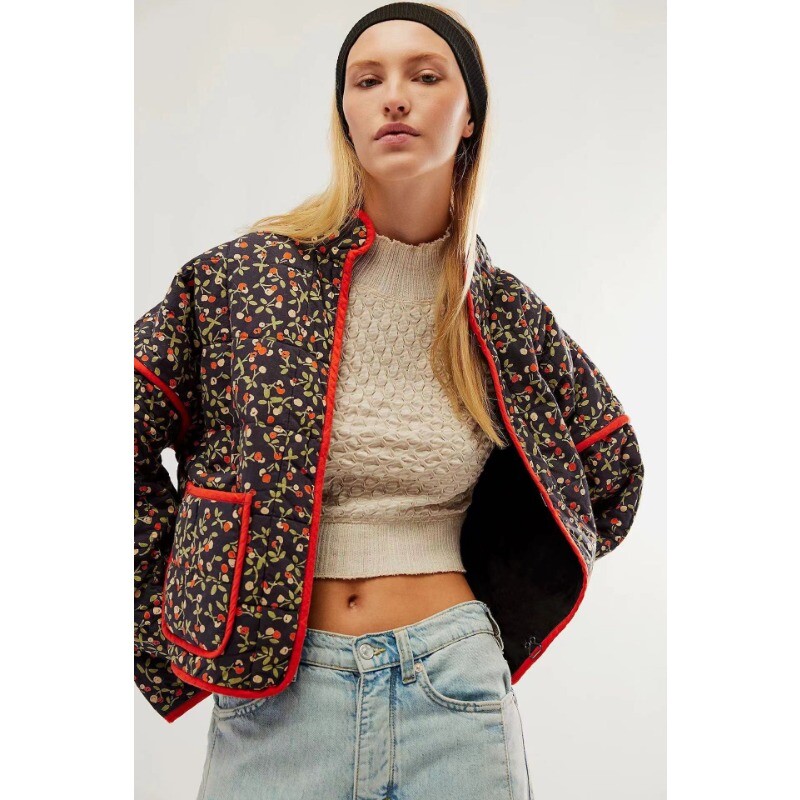 Nový elegantný vintage kvetinový bavlnený kabát, jesenná zimná dámska bunda s dlhým rukávom, kardigan s vreckom, streetwear krátka prešívaná bunda