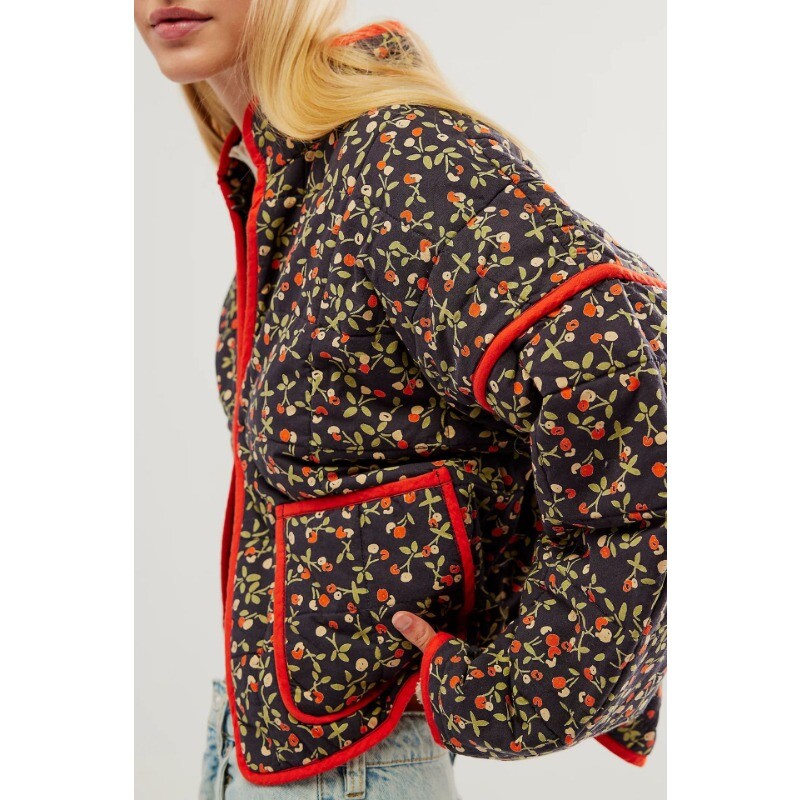 Nový elegantný vintage kvetinový bavlnený kabát, jesenná zimná dámska bunda s dlhým rukávom, kardigan s vreckom, streetwear krátka prešívaná bunda