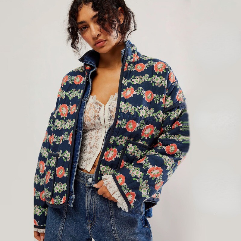 Nový elegantný vintage kvetinový bavlnený kabát, jesenná zimná dámska bunda s dlhým rukávom, kardigan s vreckom, streetwear krátka prešívaná bunda