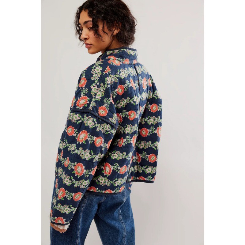 Nový elegantný vintage kvetinový bavlnený kabát, jesenná zimná dámska bunda s dlhým rukávom, kardigan s vreckom, streetwear krátka prešívaná bunda