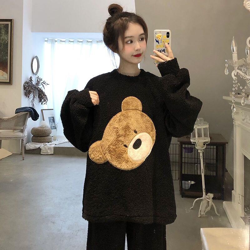 Femei Toamnă Iarnă Seturi Două Piese Flanel Călduț Îmbrăcăminte de casă Pantaloni îngroșați Pijama cu mâneci lungi Coral Gâtul O Largi Desene animat Drăguț