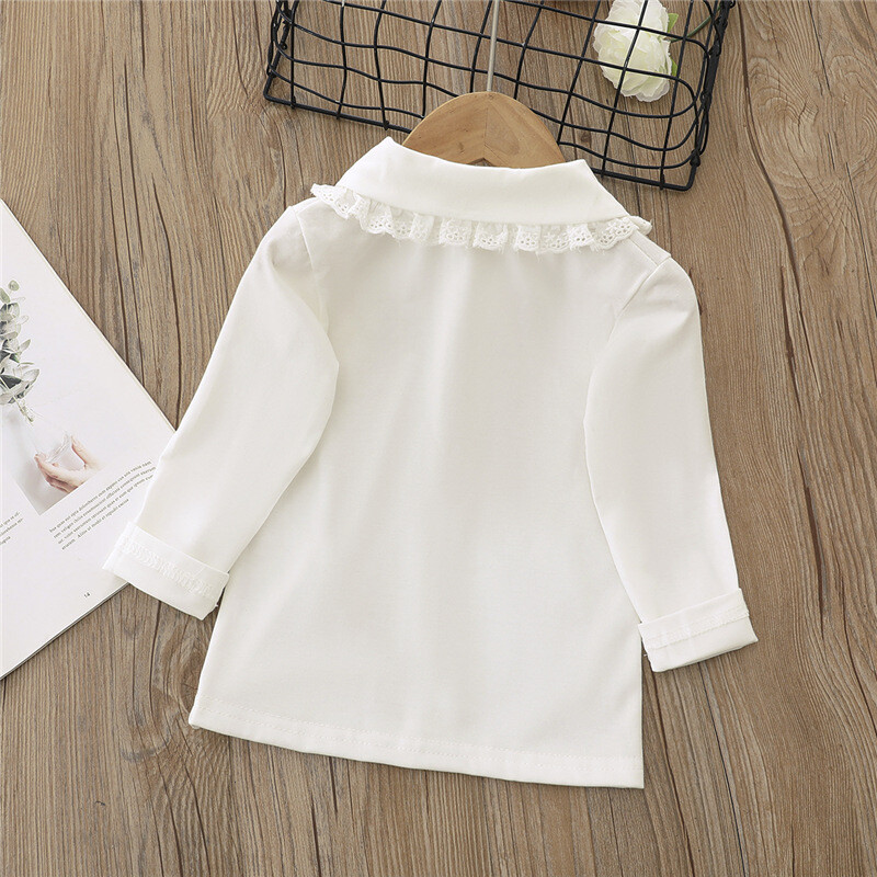 Тениски за малки бебета и момичета Памучни сладки бели горнища с дълъг ръкав за деца Есен Пролет Детски дантелени тениски с обърната яка