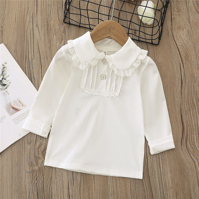 Тениски за малки бебета и момичета Памучни сладки бели горнища с дълъг ръкав за деца Есен Пролет Детски дантелени тениски с обърната яка