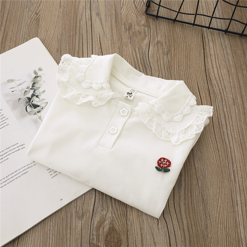 Тениски за малки бебета и момичета Памучни сладки бели горнища с дълъг ръкав за деца Есен Пролет Детски дантелени тениски с обърната яка