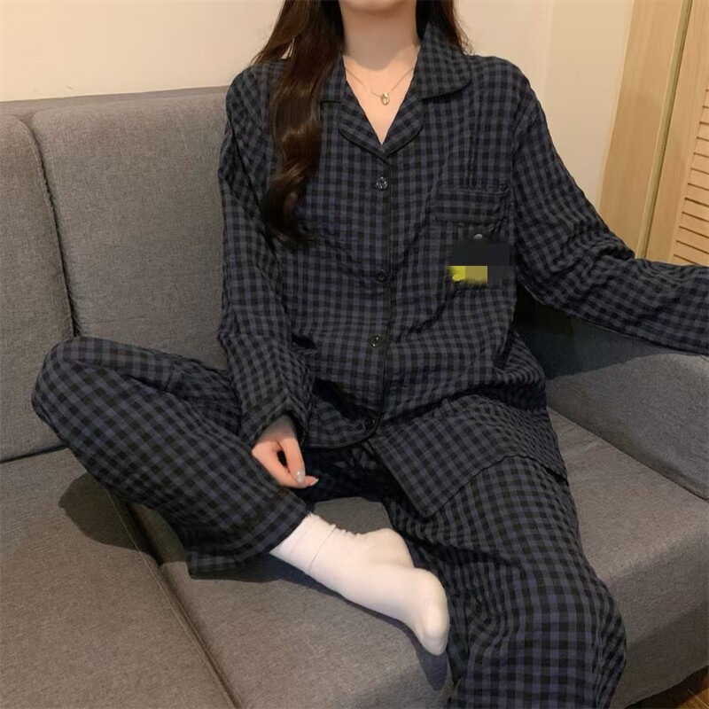 Pavasario ir rudens naujos moteriškos pižamos namų aprangos kostiumas mergaitėms ilgomis rankovėmis Pavasario ir rudens tinklelis, raudonas animacinių filmų languotas namų drabužių rinkinys