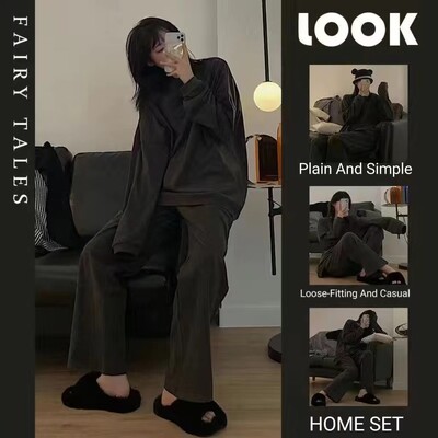 2024 m. Nauja žiemai pastorinta vokiška aksominė pižama, vientisos spalvos korėjietiškas „Ins“ laisvalaikio apvalios kaklo poilsio aprangos laisvas poilsio kostiumas