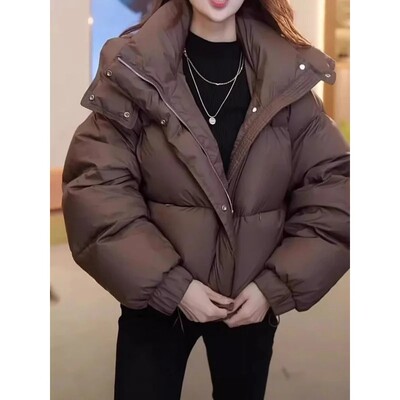 Jachetă pufă îngroșată de iarnă pentru femei 2024, de culoare cafea, decupată, cu glugă, căptușită din bumbac, stil popular exploziv