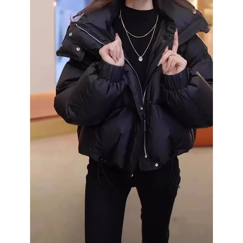 Jachetă pufă îngroșată de iarnă pentru femei 2024, de culoare cafea, decupată, cu glugă, căptușită din bumbac, stil popular exploziv