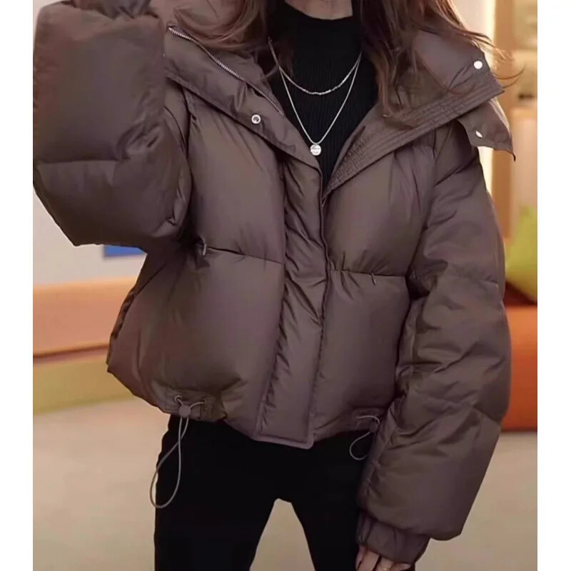 Jachetă pufă îngroșată de iarnă pentru femei 2024, de culoare cafea, decupată, cu glugă, căptușită din bumbac, stil popular exploziv