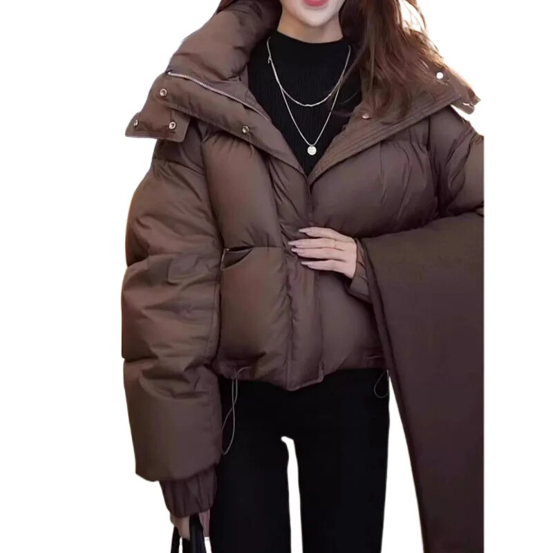 Jachetă pufă îngroșată de iarnă pentru femei 2024, de culoare cafea, decupată, cu glugă, căptușită din bumbac, stil popular exploziv