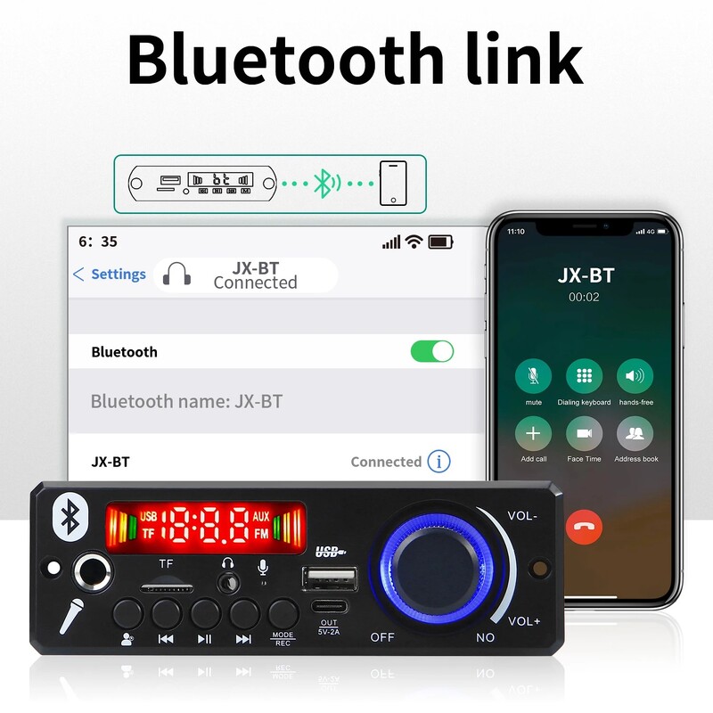 Bluetooth 5.0 MP3 dekodera plate 2*75W 80W pastiprinātājs audio atskaņotājs 12V DIY MP3 atskaņotājs auto FM radio modulis TF USB mikrofons ierakstīt zvanu