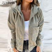 Őszi tömör bordás, meleg kordbársony dzseki, női, alkalmi, cipzáros, húzózsinórral ellátott kapucnis felső kardigán téli hosszú ujjú, bő felsőruházat és kabát