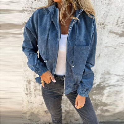 Őszi tömör bordás, meleg kordbársony dzseki, női, alkalmi, cipzáros, húzózsinórral ellátott kapucnis felső kardigán téli hosszú ujjú, bő felsőruházat és kabát