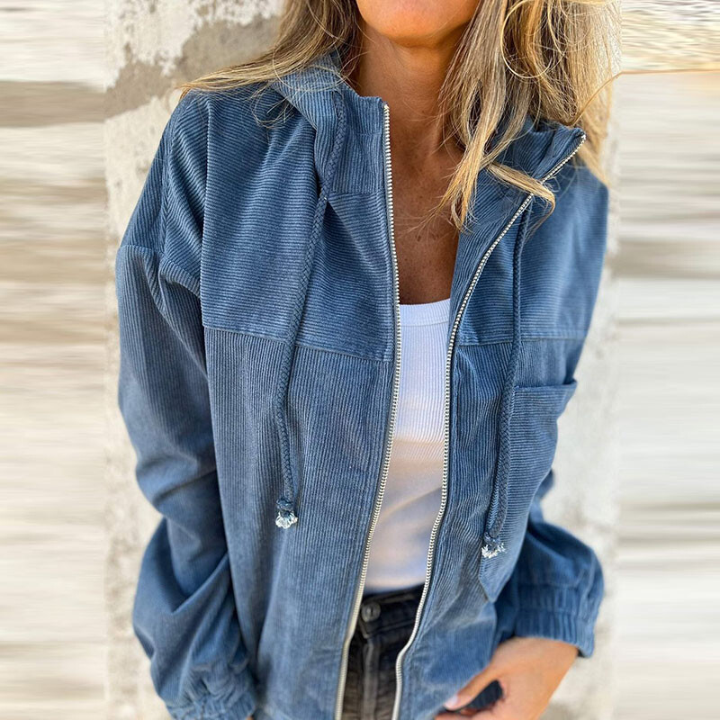 Őszi tömör bordás, meleg kordbársony dzseki, női, alkalmi, cipzáros, húzózsinórral ellátott kapucnis felső kardigán téli hosszú ujjú, bő felsőruházat és kabát