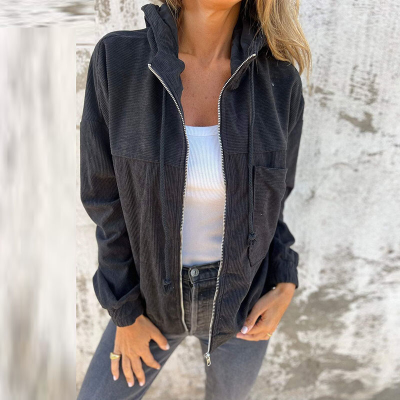 Őszi tömör bordás, meleg kordbársony dzseki, női, alkalmi, cipzáros, húzózsinórral ellátott kapucnis felső kardigán téli hosszú ujjú, bő felsőruházat és kabát