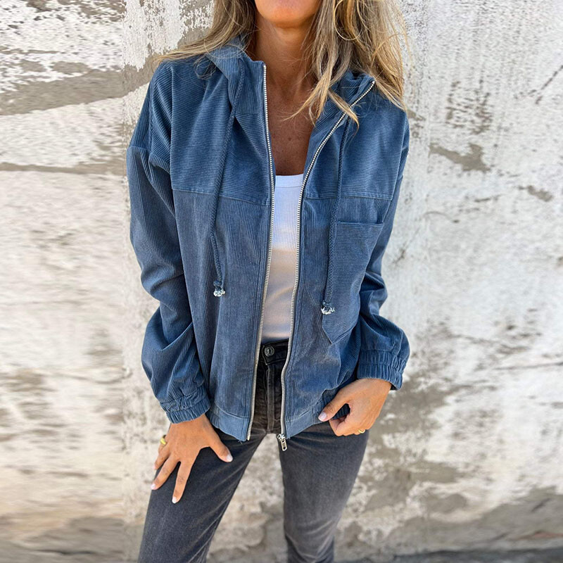 Őszi tömör bordás, meleg kordbársony dzseki, női, alkalmi, cipzáros, húzózsinórral ellátott kapucnis felső kardigán téli hosszú ujjú, bő felsőruházat és kabát