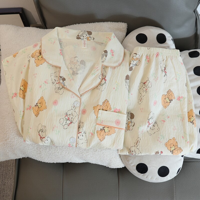 Moterų pižamų rinkinys Rudeninis mielas mielas meškiuko raštas ilgomis rankovėmis miegui Dirbtinė medvilnė Laisvalaikis Namų drabužiai Naktiniai kelnių komplektai