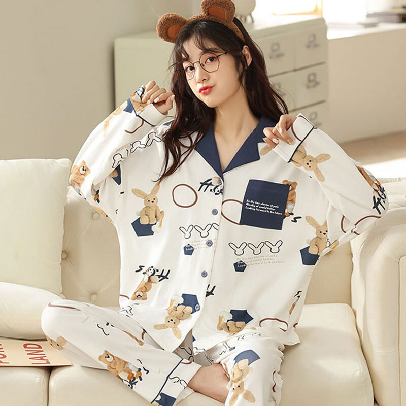 Tavaszi és őszi kétrészes női pizsama új női hosszú ujjú kardigán pamut otthoni viselet szabadidős női pizsama szett