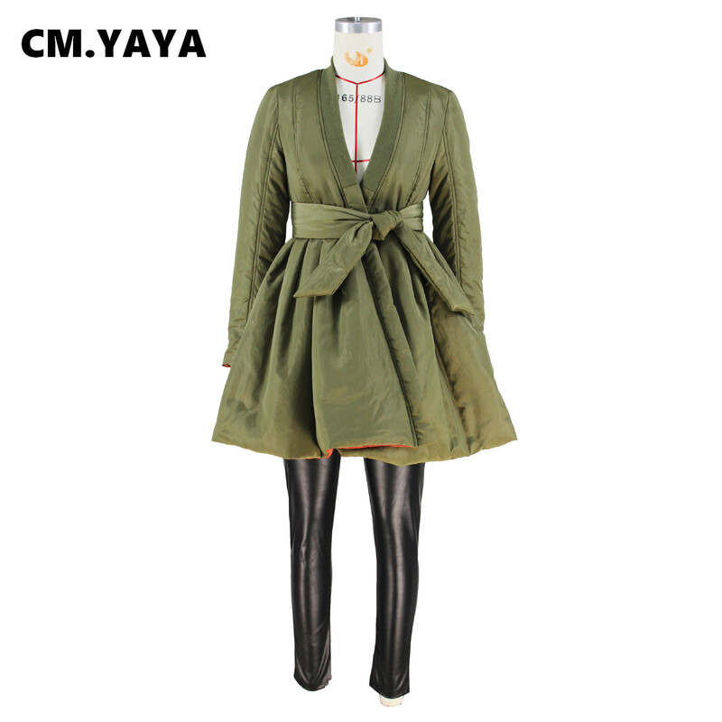 CM.YAYA Dámska módna zimná bunda s dlhým rukávom a šerpami, zavinovacia bunda s výstrihom do V, parka s dlhým rukávom a šerpou