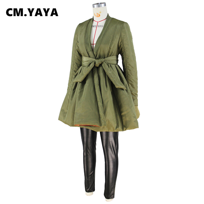 CM.YAYA Dámska módna zimná bunda s dlhým rukávom a šerpami, zavinovacia bunda s výstrihom do V, parka s dlhým rukávom a šerpou