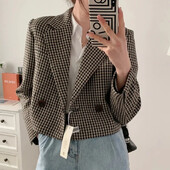 Ανοιξιάτικο φθινόπωρο Vintage καρό Crop Blazer Top Chic Κομψά ρούχα γραφείου Lady Streetwear Κοστούμι Γυναικεία παλτό με διπλό στήθος