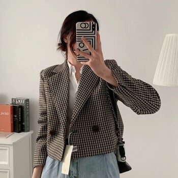 Ανοιξιάτικο φθινόπωρο Vintage καρό Crop Blazer Top Chic Κομψά ρούχα γραφείου Lady Streetwear Κοστούμι Γυναικεία παλτό με διπλό στήθος