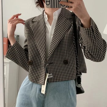 Ανοιξιάτικο φθινόπωρο Vintage καρό Crop Blazer Top Chic Κομψά ρούχα γραφείου Lady Streetwear Κοστούμι Γυναικεία παλτό με διπλό στήθος