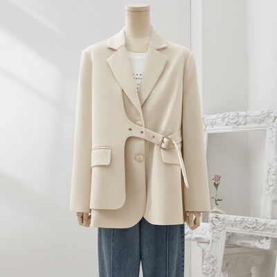 LANMREM Designer Spliced Blazer Παλτό για Γυναικείες Μονόστηθο μακρυμάνικα Ακανόνιστα Παλτό Γυναικεία Ρούχα 2023 Φθινόπωρο 32D163