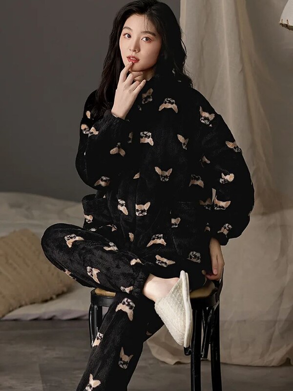 Γυναικείες πιτζάμες Winter Coral Velvet Thickened Warm Leisure Fleece Σετ οικιακών ρούχων Ζεστό μαλακό