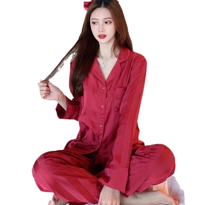 Pijamale noi pentru femei din două piese simulate de mătase Senior Sense Of Pijamale pentru femei cu mâneci lungi, mătase de gheață, în dungi, ținută pentru acasă pentru petrecerea timpului liber Su