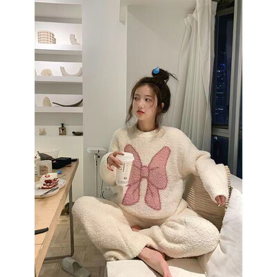 Moteriški žieminiai šiltų pižamų rinkiniai Patogūs ilgomis rankovėmis spausdinti spalvoti žakardo pastorinti laisvi vilnos megztiniai 2 dalių rinkiniai