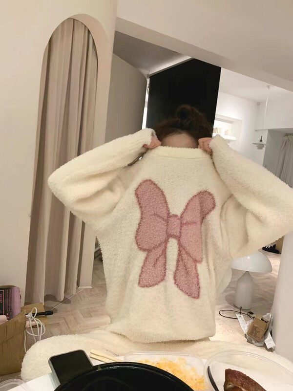 Moteriški žieminiai šiltų pižamų rinkiniai Patogūs ilgomis rankovėmis spausdinti spalvoti žakardo pastorinti laisvi vilnos megztiniai 2 dalių rinkiniai