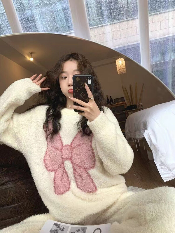 Moteriški žieminiai šiltų pižamų rinkiniai Patogūs ilgomis rankovėmis spausdinti spalvoti žakardo pastorinti laisvi vilnos megztiniai 2 dalių rinkiniai