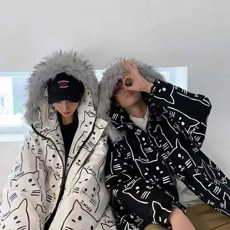 Ново памучно яке с пух Зимно палто за жени Мъжки якета Дрехи за двойка Топло яке с памучна подплата Суичър Свободна модна щампа