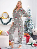 Γυναικεία χριστουγεννιάτικη φόρμα με κουκούλα με μακρυμάνικο φερμουάρ V λαιμόκοψη κινουμένων σχεδίων τύπωμα πιτζάμες Χειμερινά ρούχα για ζεστό ύπνο για το σπίτι